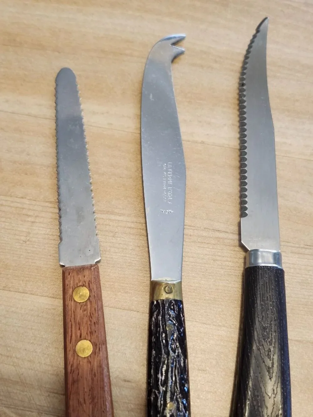 Lot of 3 Vintage Serrated Knives Quikut, Wood Handle, Antler Cheese Knife